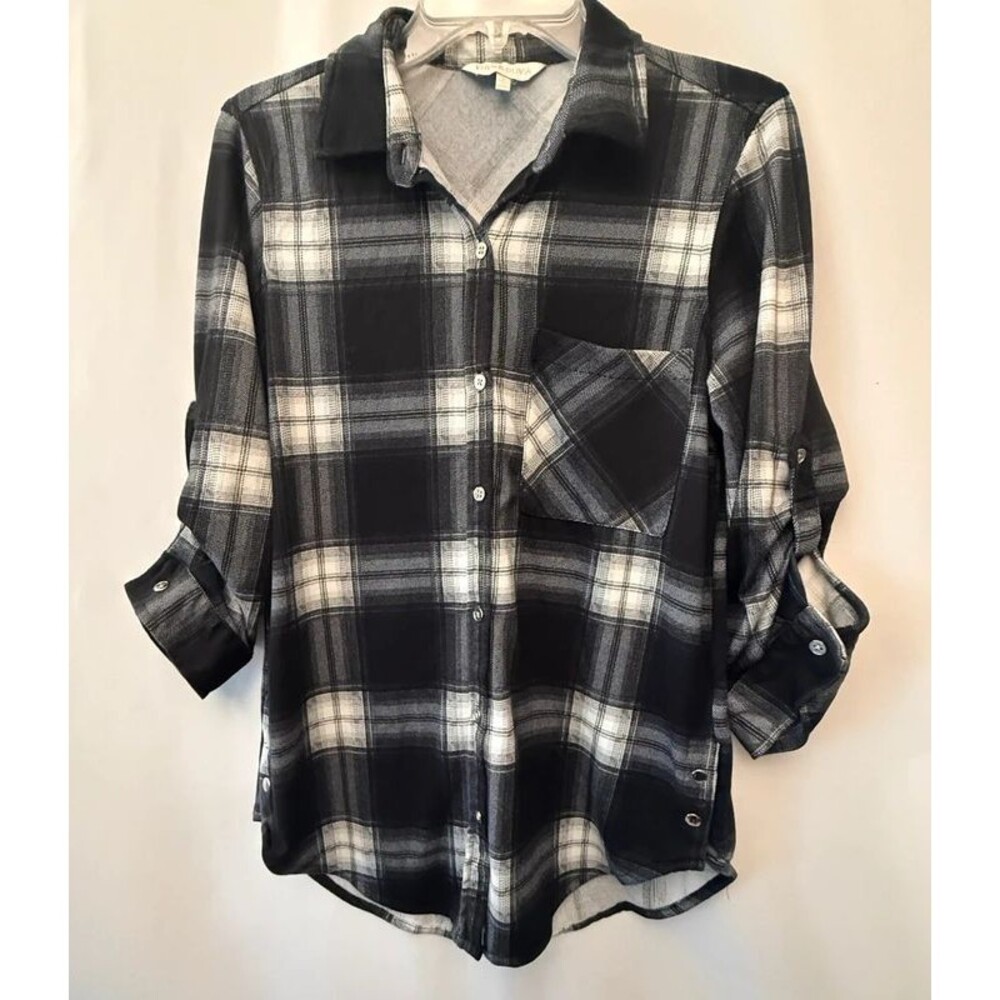 Eden & Olivia Black White Plaid Roll Tab Sleeve Button Up Shirt S
